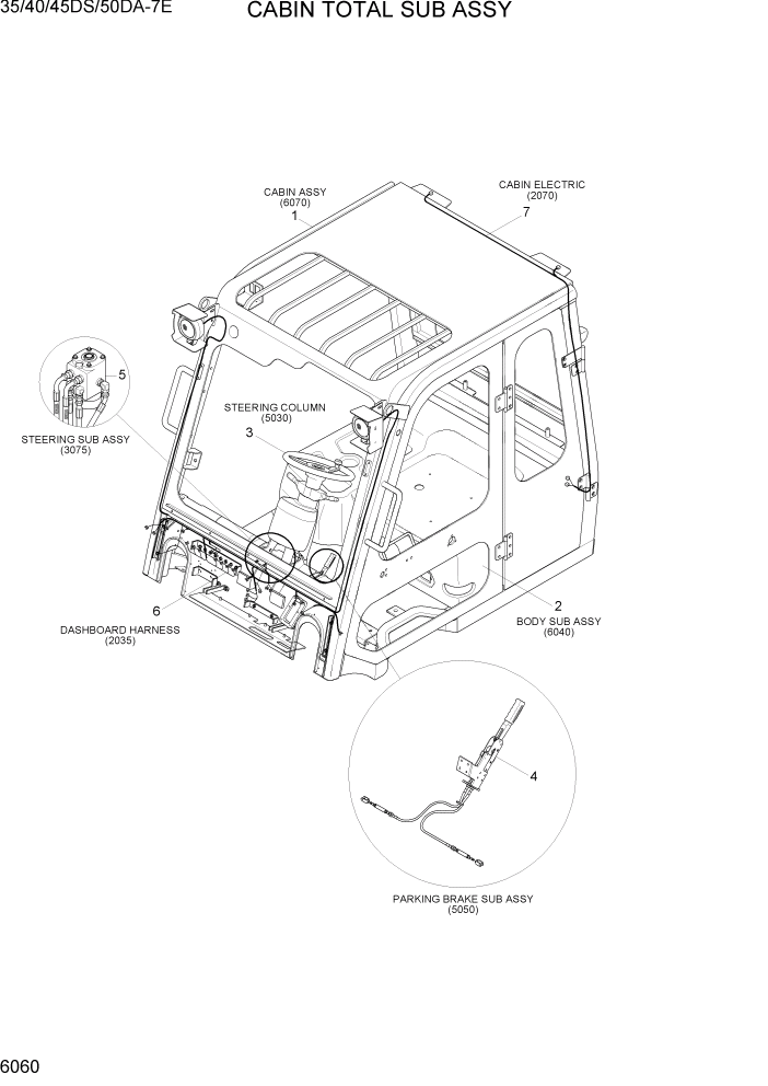 Схема запчастей Hyundai 35DS/40DS/45DS/50DA-7E - PAGE 6060 CABIN TOTAL SUB ASSY СТРУКТУРА