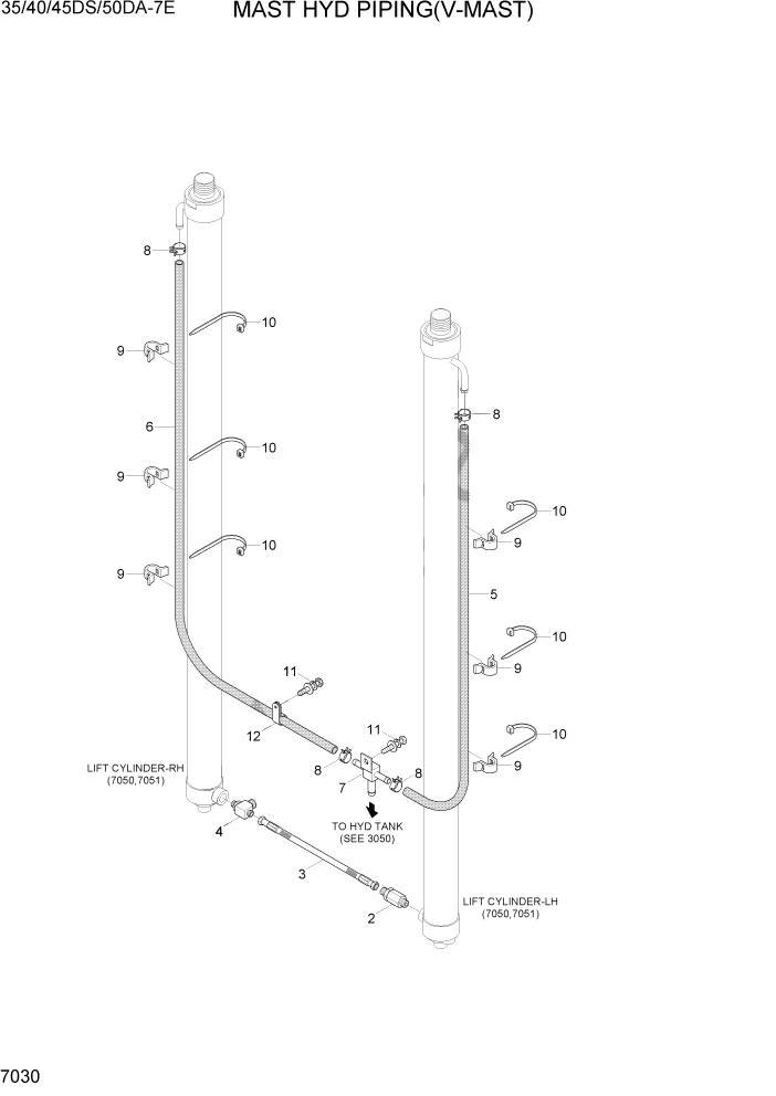 Схема запчастей Hyundai 35DS/40DS/45DS/50DA-7E - PAGE 7030 MAST HYD PIPING(V-MAST) РАБОЧЕЕ ОБОРУДОВАНИЕ