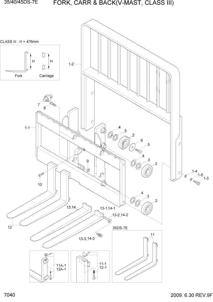 Схема запчастей Hyundai 35DS/40DS/45DS/50DA-7E - PAGE 7040 FORK, CARR & BKR(V-MAST,C-III) РАБОЧЕЕ ОБОРУДОВАНИЕ