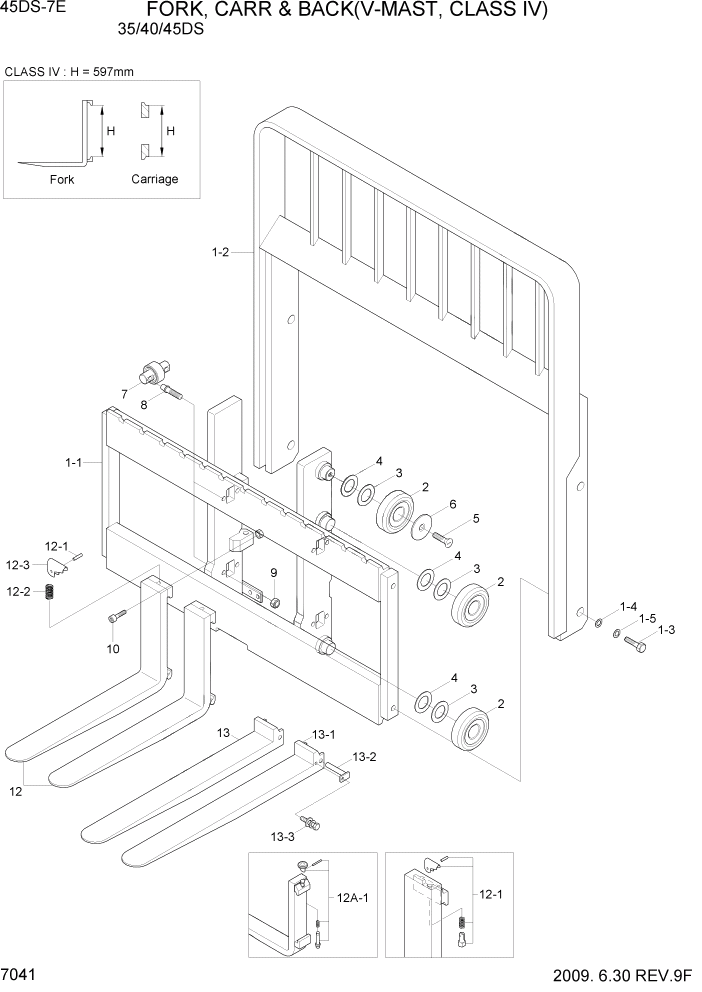 Схема запчастей Hyundai 35DS/40DS/45DS/50DA-7E - PAGE 7041 FORK, CARR & BKR(V-MAST,C-IV,45DS-7E) РАБОЧЕЕ ОБОРУДОВАНИЕ