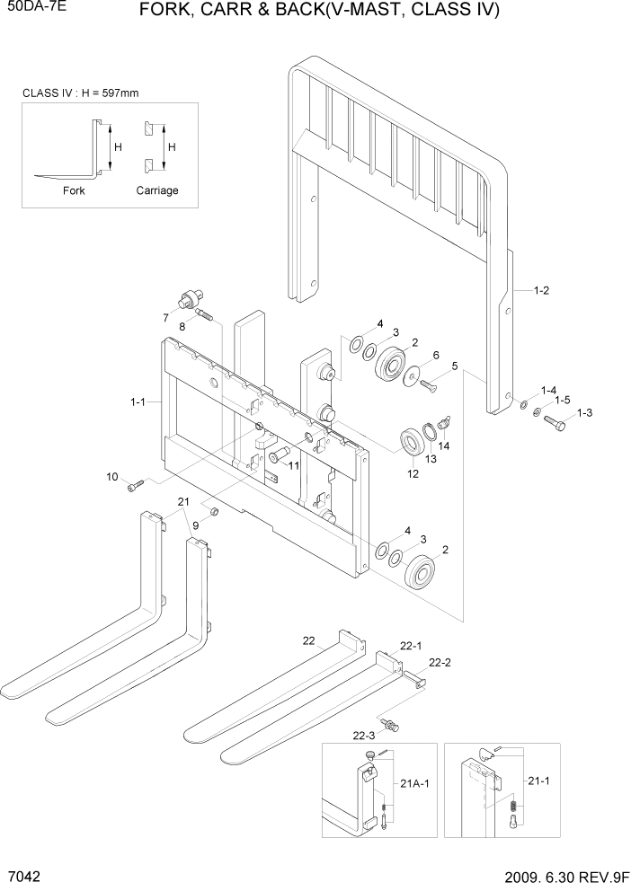 Схема запчастей Hyundai 35DS/40DS/45DS/50DA-7E - PAGE 7042 FORK, CARR & BKR(V-MAST,C-IV,50DA-7E) РАБОЧЕЕ ОБОРУДОВАНИЕ