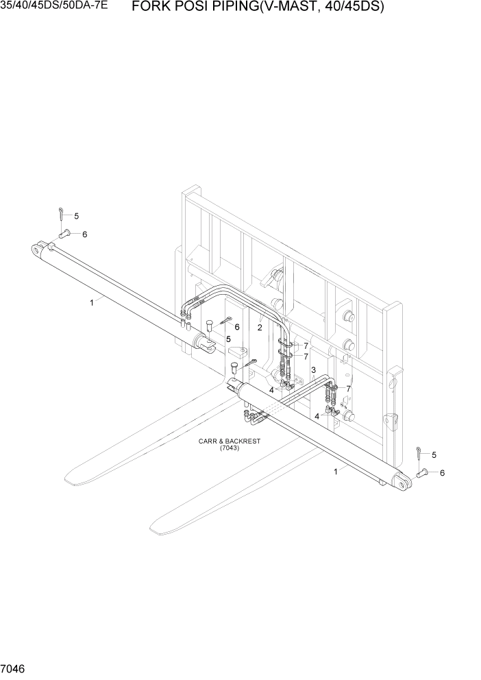 Схема запчастей Hyundai 35DS/40DS/45DS/50DA-7E - PAGE 7046 FORK POSI PIPING(V-MAST, 40/45DS) РАБОЧЕЕ ОБОРУДОВАНИЕ