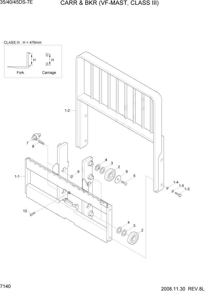 Схема запчастей Hyundai 35DS/40DS/45DS/50DA-7E - PAGE 7140 CARR & BKR(VF-MAST,C-III) РАБОЧЕЕ ОБОРУДОВАНИЕ