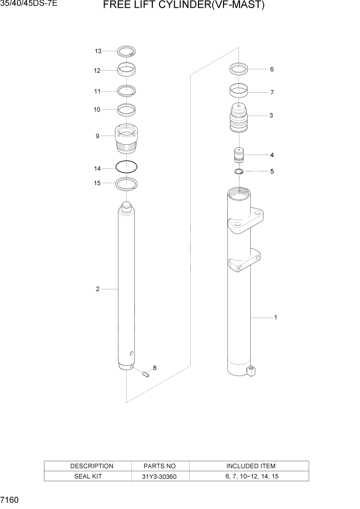 Схема запчастей Hyundai 35DS/40DS/45DS/50DA-7E - PAGE 7160 FREE LIFT CYLINDER(VF,35/40/45DS-7E) РАБОЧЕЕ ОБОРУДОВАНИЕ