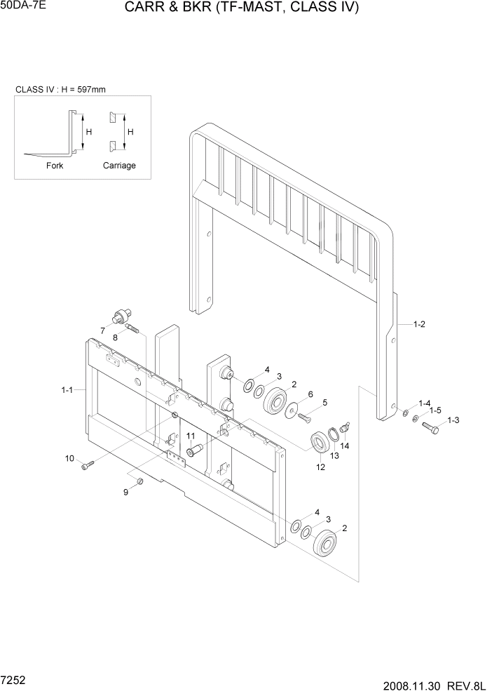 Схема запчастей Hyundai 35DS/40DS/45DS/50DA-7E - PAGE 7252 CARR & BKR(TF-MAST,C-IV,50DA-7E) РАБОЧЕЕ ОБОРУДОВАНИЕ