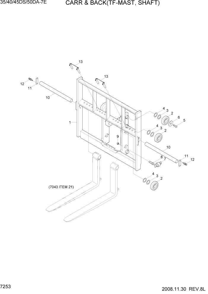 Схема запчастей Hyundai 35DS/40DS/45DS/50DA-7E - PAGE 7253 CARR & BKR(TF-MAST, SHAFT) РАБОЧЕЕ ОБОРУДОВАНИЕ