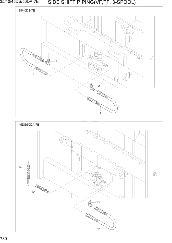 Схема запчастей Hyundai 35DS/40DS/45DS/50DA-7E - PAGE 7301 SIDE SHIFT PIPING(VF,TF-MAST,3-SPOOL) РАБОЧЕЕ ОБОРУДОВАНИЕ