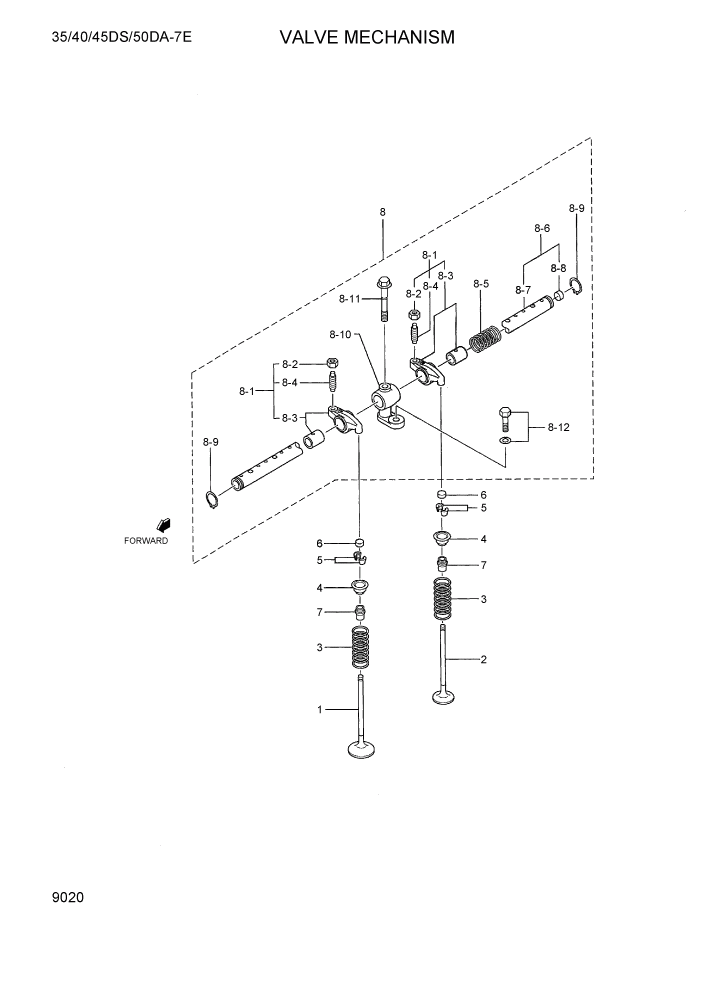 Схема запчастей Hyundai 35DS/40DS/45DS/50DA-7E - PAGE 9020 VALVE MECHANISM ДВИГАТЕЛЬ БАЗА