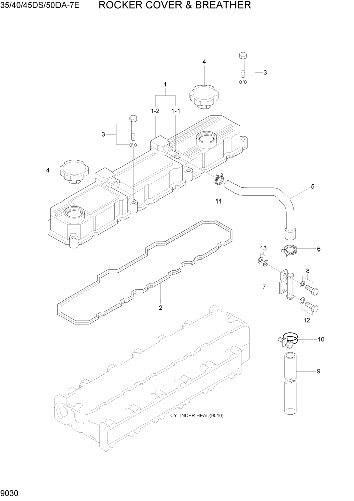 Схема запчастей Hyundai 35DS/40DS/45DS/50DA-7E - PAGE 9030 ROCKER COVER & BREATHER ДВИГАТЕЛЬ БАЗА