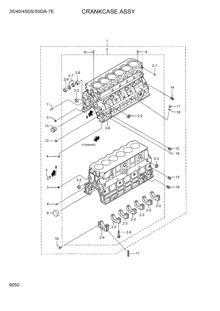 Схема запчастей Hyundai 35DS/40DS/45DS/50DA-7E - PAGE 9050 CRANKCASE ASSY ДВИГАТЕЛЬ БАЗА