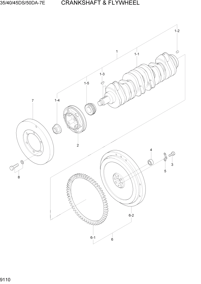 Схема запчастей Hyundai 35DS/40DS/45DS/50DA-7E - PAGE 9110 CRANKSHAFT & FLYWHEEL ДВИГАТЕЛЬ БАЗА