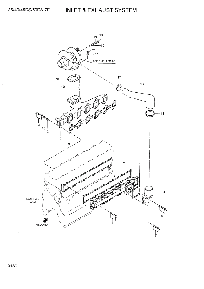 Схема запчастей Hyundai 35DS/40DS/45DS/50DA-7E - PAGE 9130 INLET & EXHAUST SYSTEM ДВИГАТЕЛЬ БАЗА