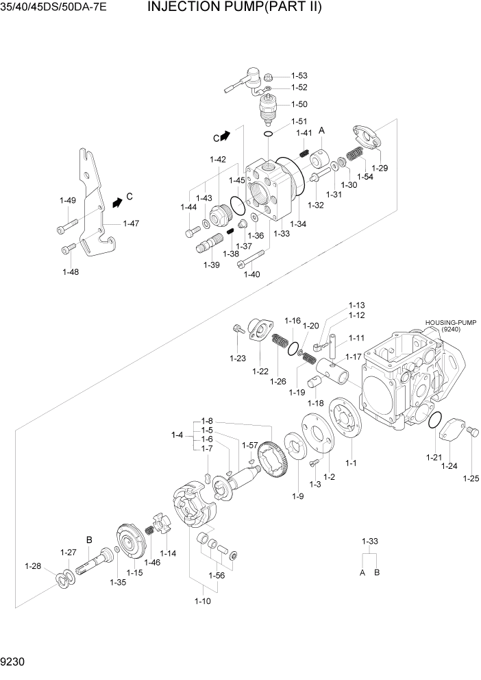 Схема запчастей Hyundai 35DS/40DS/45DS/50DA-7E - PAGE 9230 INJECTION PUMP(PART II) ДВИГАТЕЛЬ БАЗА