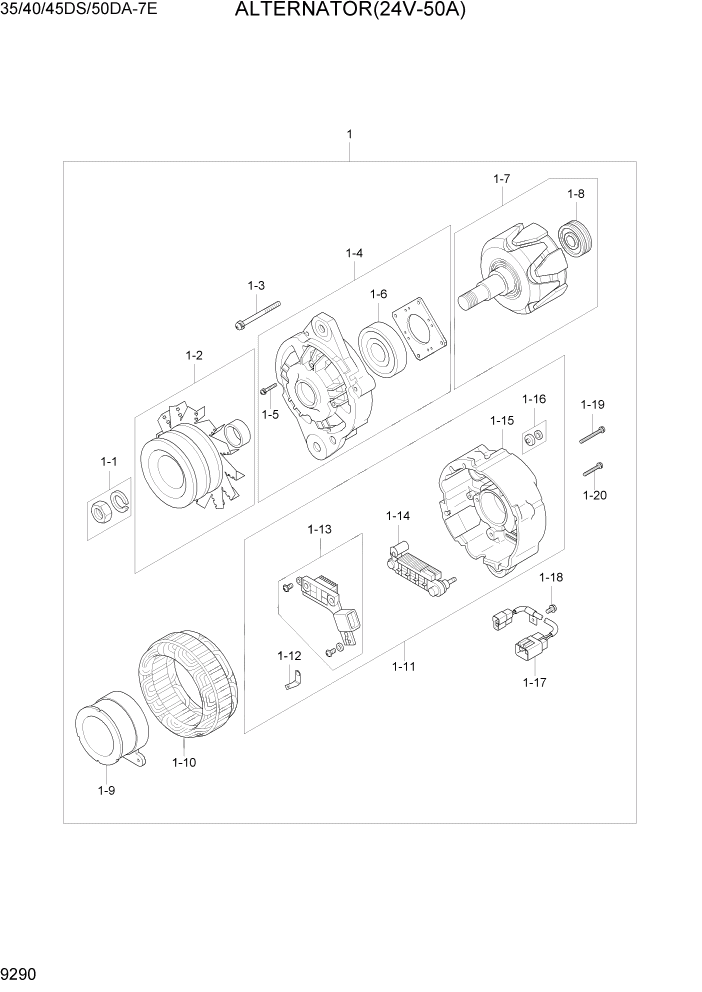 Схема запчастей Hyundai 35DS/40DS/45DS/50DA-7E - PAGE 9290 ALTERNATOR(24V-50A) ДВИГАТЕЛЬ БАЗА