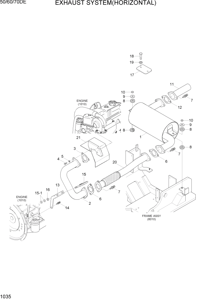 Схема запчастей Hyundai 50/60/70DE - PAGE 1035 EXHAUST SYSTEM(HORIZONTAL) СИСТЕМА ДВИГАТЕЛЯ