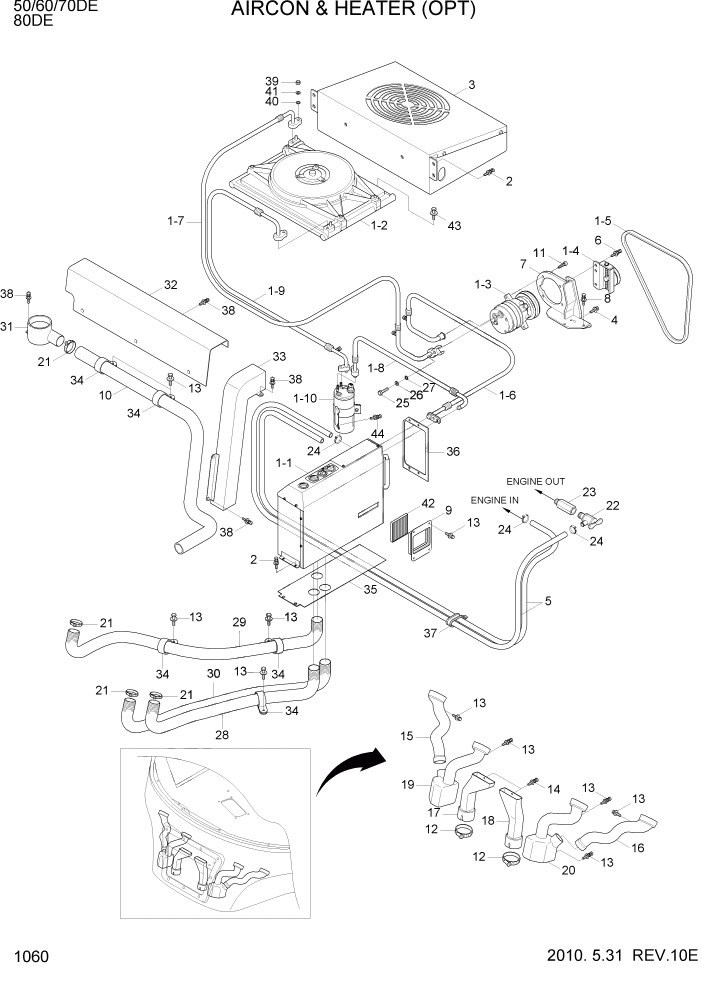 Схема запчастей Hyundai 50/60/70DE - PAGE 1060 AIRCON & HEATER (OPT) СИСТЕМА ДВИГАТЕЛЯ