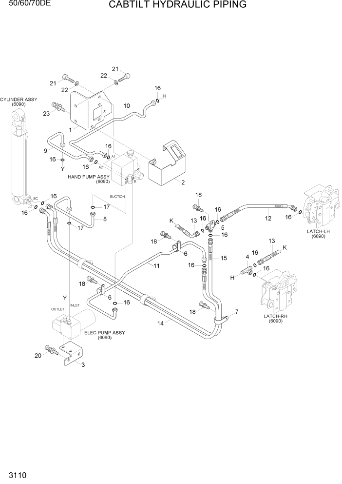 Схема запчастей Hyundai 50/60/70DE - PAGE 3110 CAB TILT HYDRAULIC PIPING ГИДРАВЛИЧЕСКАЯ СИСТЕМА