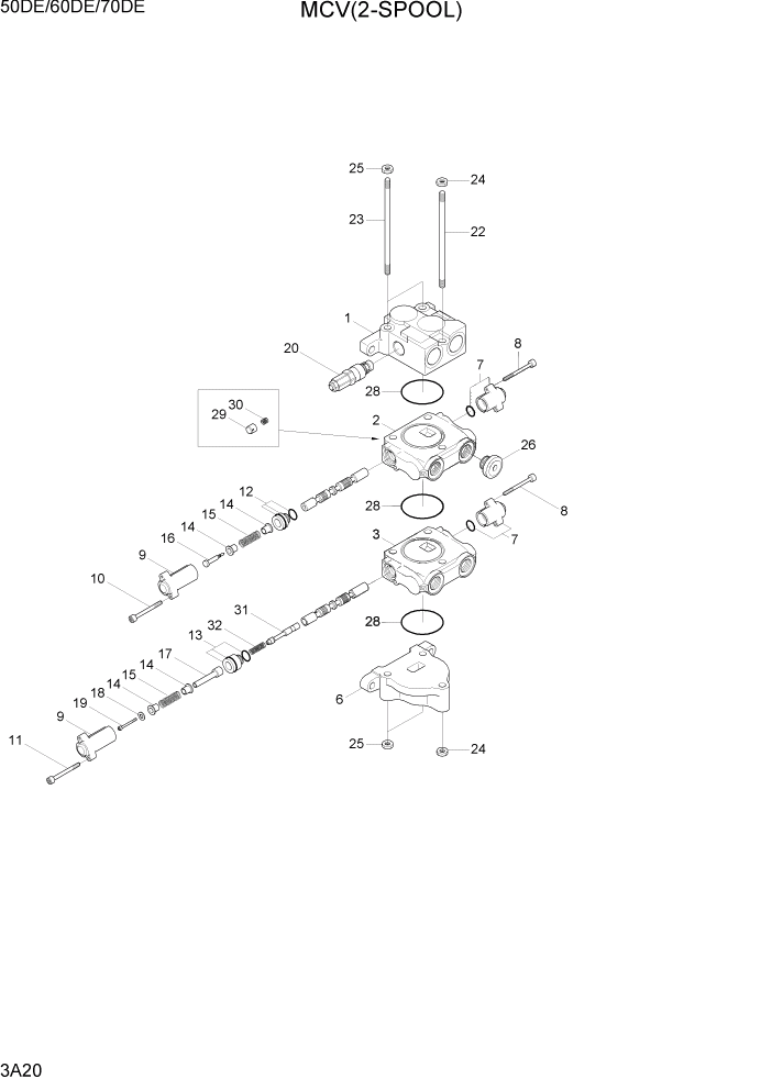 Схема запчастей Hyundai 50/60/70DE - PAGE 3A20 MCV(2-SPOOL) ГИДРАВЛИЧЕСКАЯ СИСТЕМА