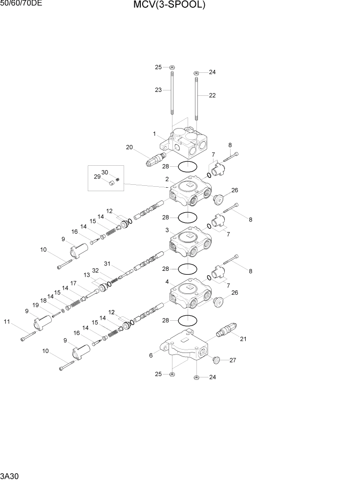 Схема запчастей Hyundai 50/60/70DE - PAGE 3A30 MCV(3-SPOOL) ГИДРАВЛИЧЕСКАЯ СИСТЕМА