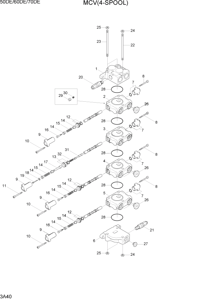Схема запчастей Hyundai 50/60/70DE - PAGE 3A40 MCV(4-SPOOL) ГИДРАВЛИЧЕСКАЯ СИСТЕМА