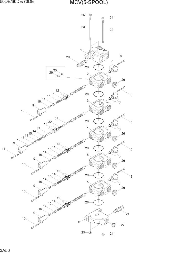 Схема запчастей Hyundai 50/60/70DE - PAGE 3A50 MCV(5-SPOOL) ГИДРАВЛИЧЕСКАЯ СИСТЕМА