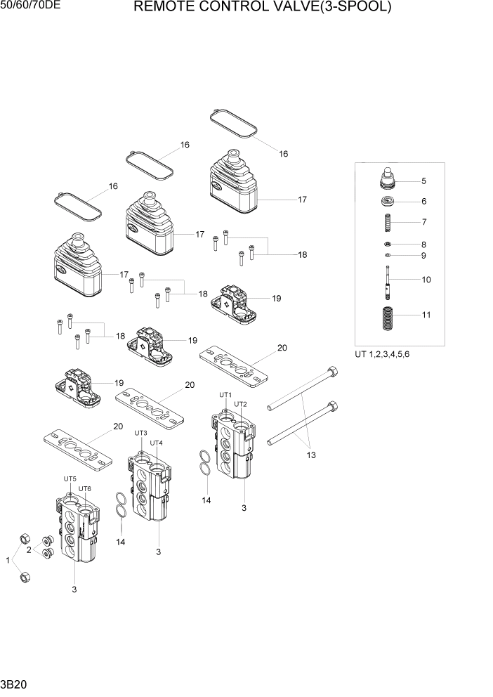 Схема запчастей Hyundai 50/60/70DE - PAGE 3B20 REMOTE CONTROL VALVE(3-SPOOL) ГИДРАВЛИЧЕСКАЯ СИСТЕМА