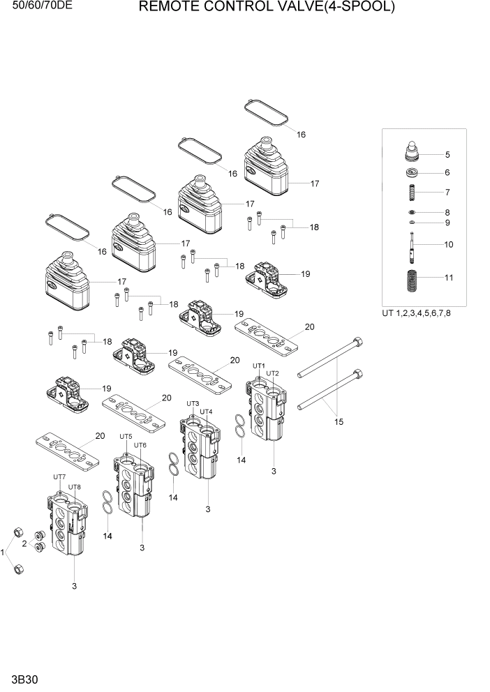 Схема запчастей Hyundai 50/60/70DE - PAGE 3B30 REMOTE CONTROL VALVE(4-SPOOL) ГИДРАВЛИЧЕСКАЯ СИСТЕМА