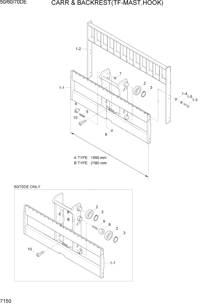 Схема запчастей Hyundai 50/60/70DE - PAGE 7150 CARR & BACKREST(TF-MAST,HOOK) РАБОЧЕЕ ОБОРУДОВАНИЕ