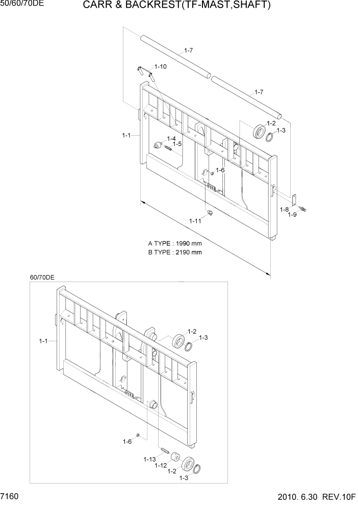 Схема запчастей Hyundai 50/60/70DE - PAGE 7160 CARR & BACKREST(TF-MAST,SHAFT) РАБОЧЕЕ ОБОРУДОВАНИЕ