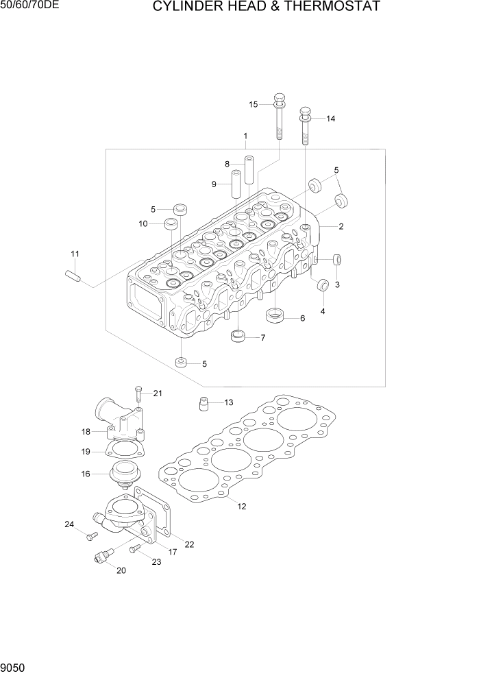 Схема запчастей Hyundai 50/60/70DE - PAGE 9050 CYLINDER HEAD & THERMOSTAT ДВИГАТЕЛЬ БАЗА