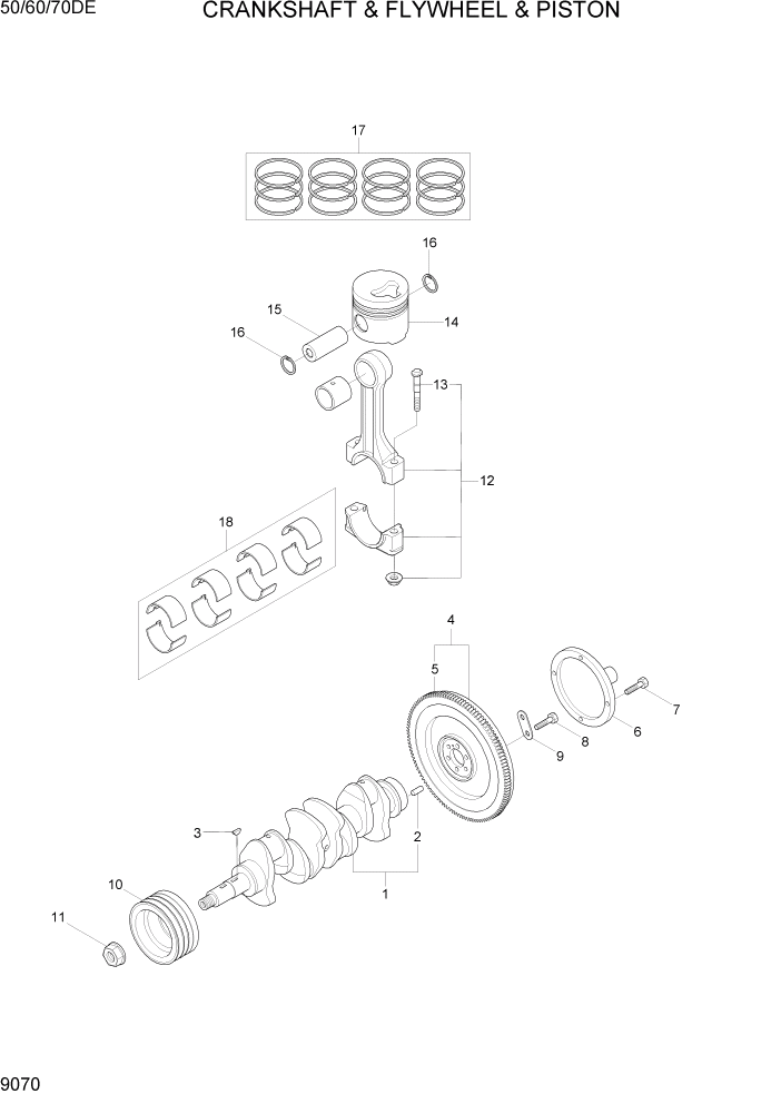 Схема запчастей Hyundai 50/60/70DE - PAGE 9070 CRANKSHAFT & FLYWHEEL & PISTON ДВИГАТЕЛЬ БАЗА