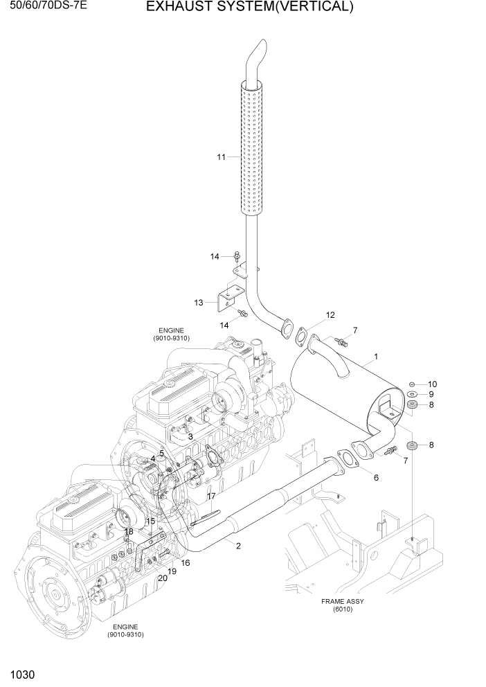 Схема запчастей Hyundai 50/60/70DS-7E - PAGE 1030 EXHAUST SYSTEM(VERTICAL) СИСТЕМА ДВИГАТЕЛЯ