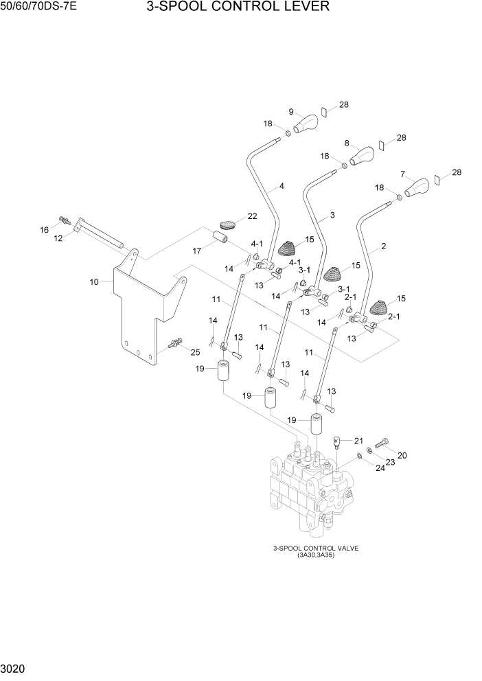 Схема запчастей Hyundai 50/60/70DS-7E - PAGE 3020 3-SPOOL CONTROL LEVER ГИДРАВЛИЧЕСКАЯ СИСТЕМА