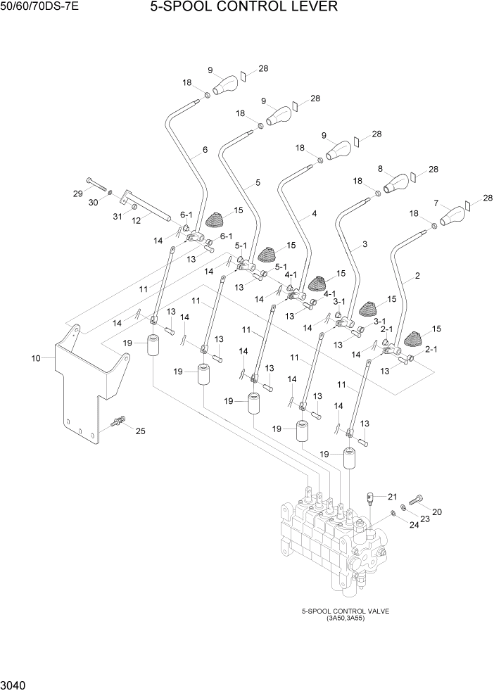 Схема запчастей Hyundai 50/60/70DS-7E - PAGE 3040 5-SPOOL CONTROL LEVER ГИДРАВЛИЧЕСКАЯ СИСТЕМА