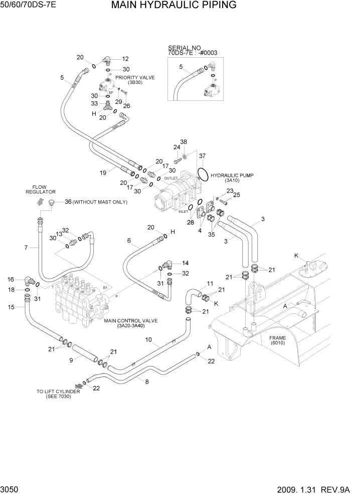 Схема запчастей Hyundai 50/60/70DS-7E - PAGE 3050 MAIN HYDRAULIC PIPING ГИДРАВЛИЧЕСКАЯ СИСТЕМА