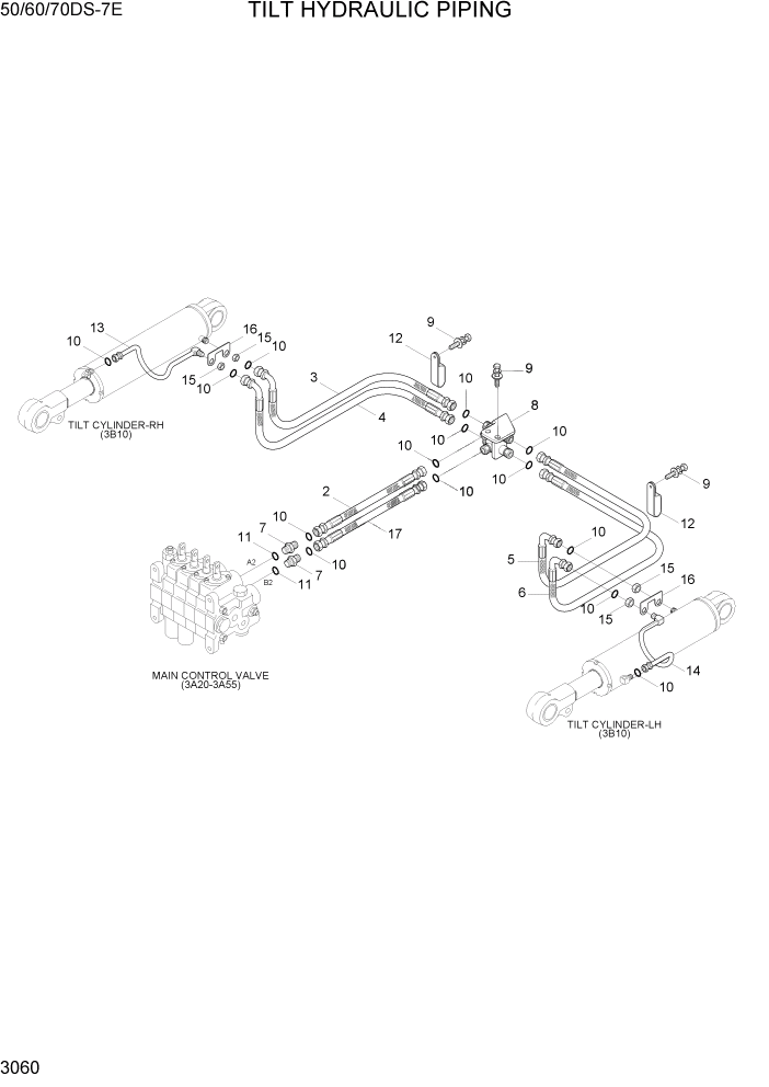 Схема запчастей Hyundai 50/60/70DS-7E - PAGE 3060 TILT HYDRAULIC PIPING ГИДРАВЛИЧЕСКАЯ СИСТЕМА