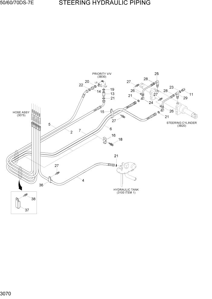 Схема запчастей Hyundai 50/60/70DS-7E - PAGE 3070 STEERING HYDRAULIC PIPING ГИДРАВЛИЧЕСКАЯ СИСТЕМА