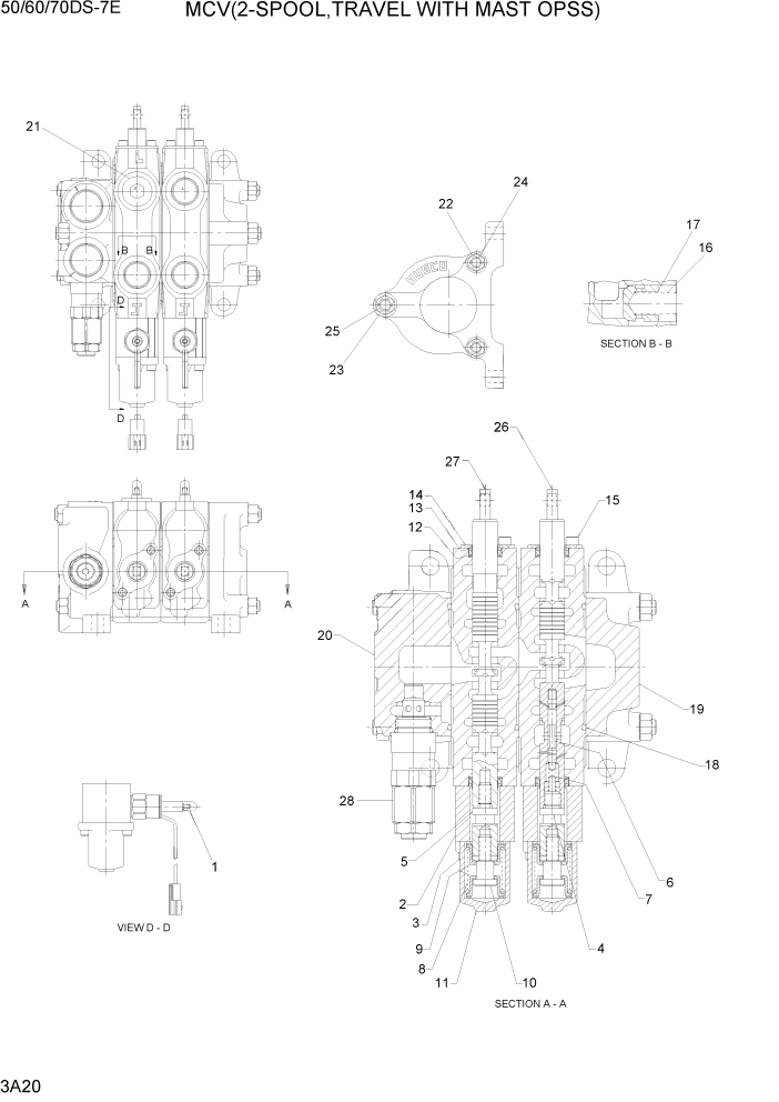 Схема запчастей Hyundai 50/60/70DS-7E - PAGE 3A20 MCV(2-SPOOL, TRAVEL WITH MAST OPSS) ГИДРАВЛИЧЕСКАЯ СИСТЕМА