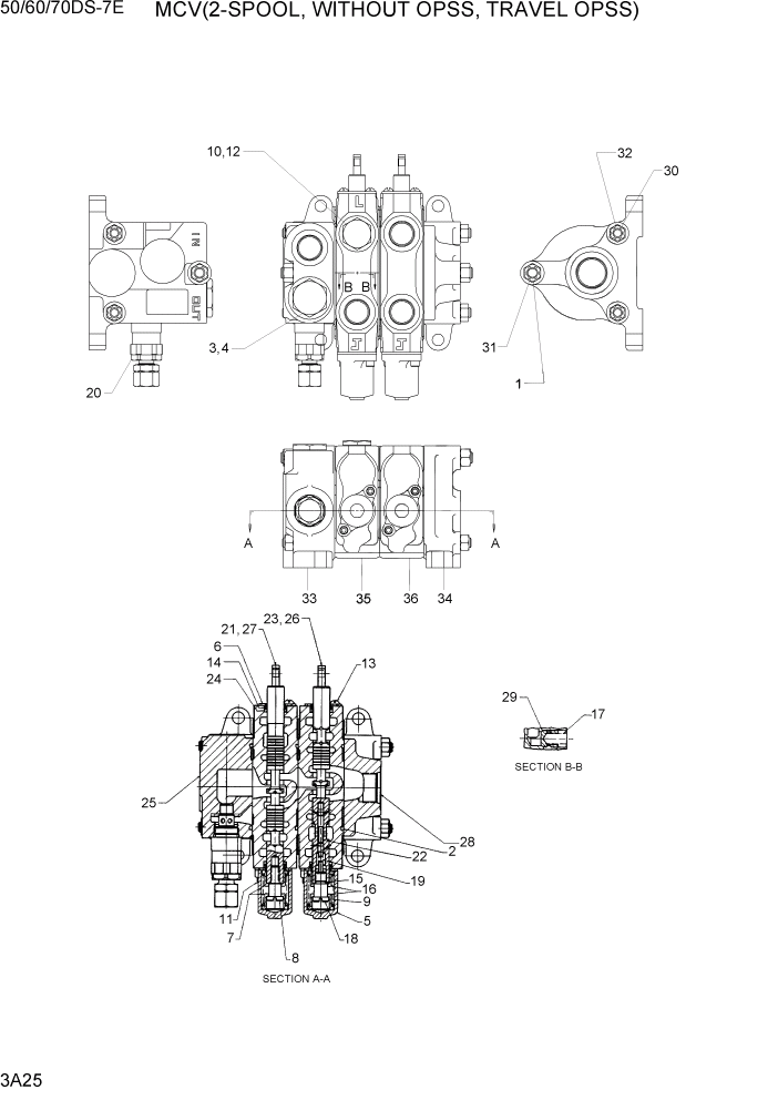 Схема запчастей Hyundai 50/60/70DS-7E - PAGE 3A25 MCV(2-SPOOL, WITHOUT OPSS, TRAVEL OPSS) ГИДРАВЛИЧЕСКАЯ СИСТЕМА