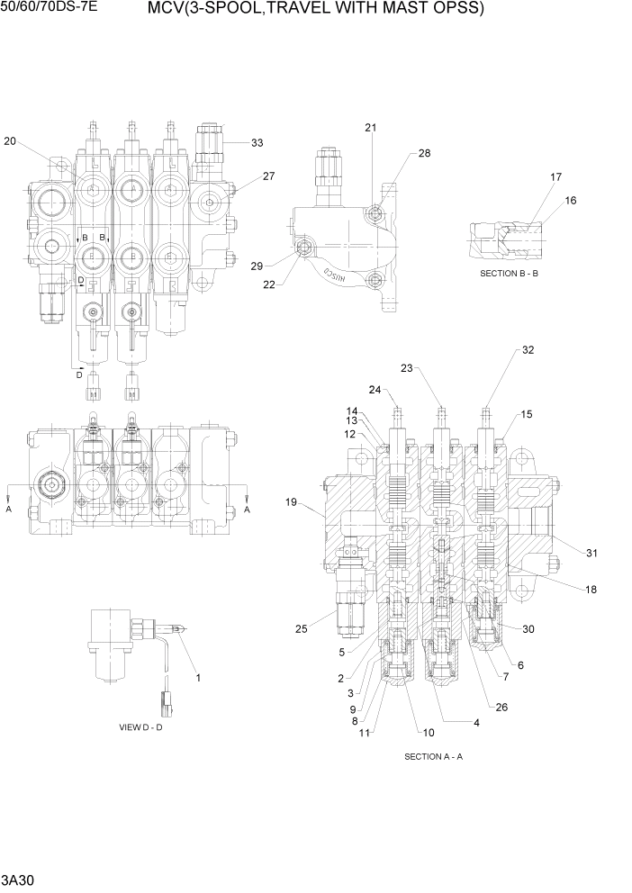 Схема запчастей Hyundai 50/60/70DS-7E - PAGE 3A30 MCV(3-SPOOL, TRAVEL WITH MAST OPSS) ГИДРАВЛИЧЕСКАЯ СИСТЕМА