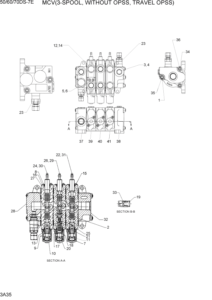 Схема запчастей Hyundai 50/60/70DS-7E - PAGE 3A35 MCV(3-SPOOL, WITHOUT OPSS, TRAVEL OPSS) ГИДРАВЛИЧЕСКАЯ СИСТЕМА