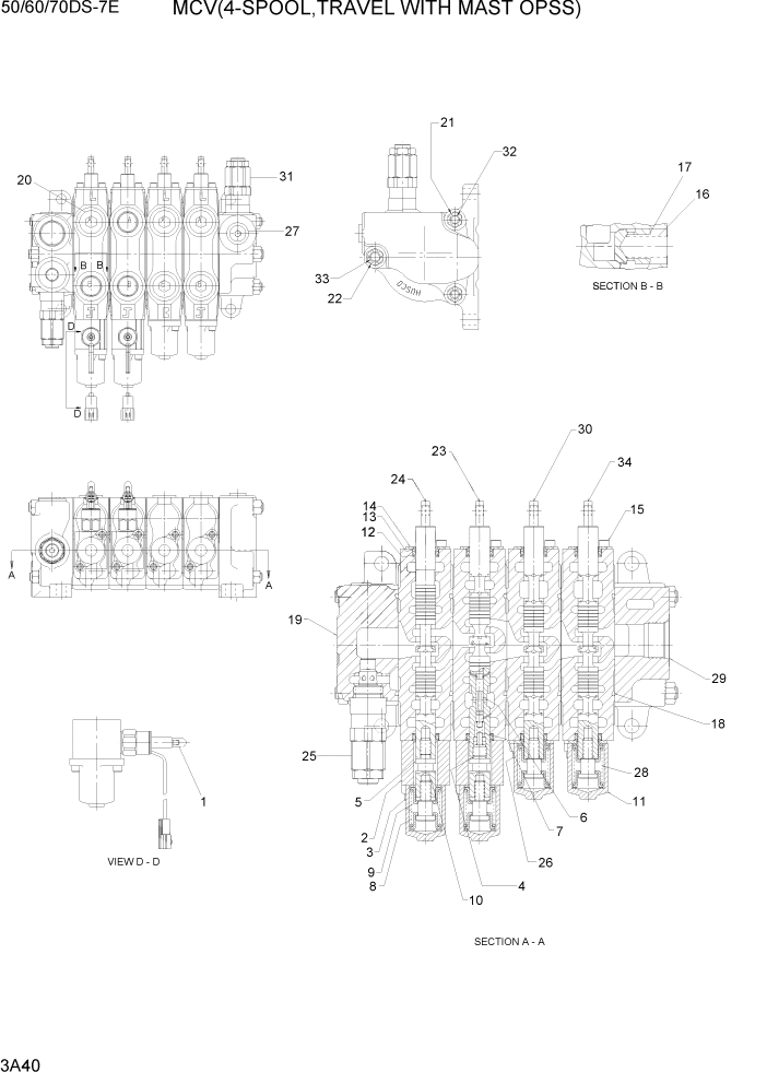 Схема запчастей Hyundai 50/60/70DS-7E - PAGE 3A40 MCV(4-SPOOL, TRAVEL WITH MAST OPSS) ГИДРАВЛИЧЕСКАЯ СИСТЕМА