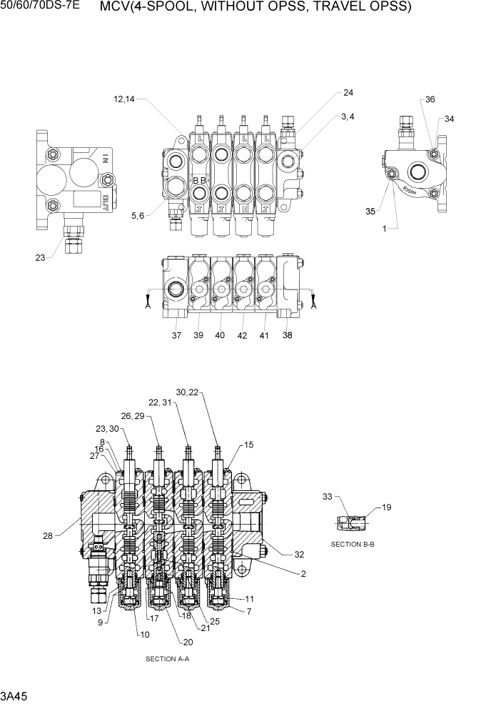 Схема запчастей Hyundai 50/60/70DS-7E - PAGE 3A45 MCV(4-SPOOL, WITHOUT OPSS, TRAVEL OPSS) ГИДРАВЛИЧЕСКАЯ СИСТЕМА