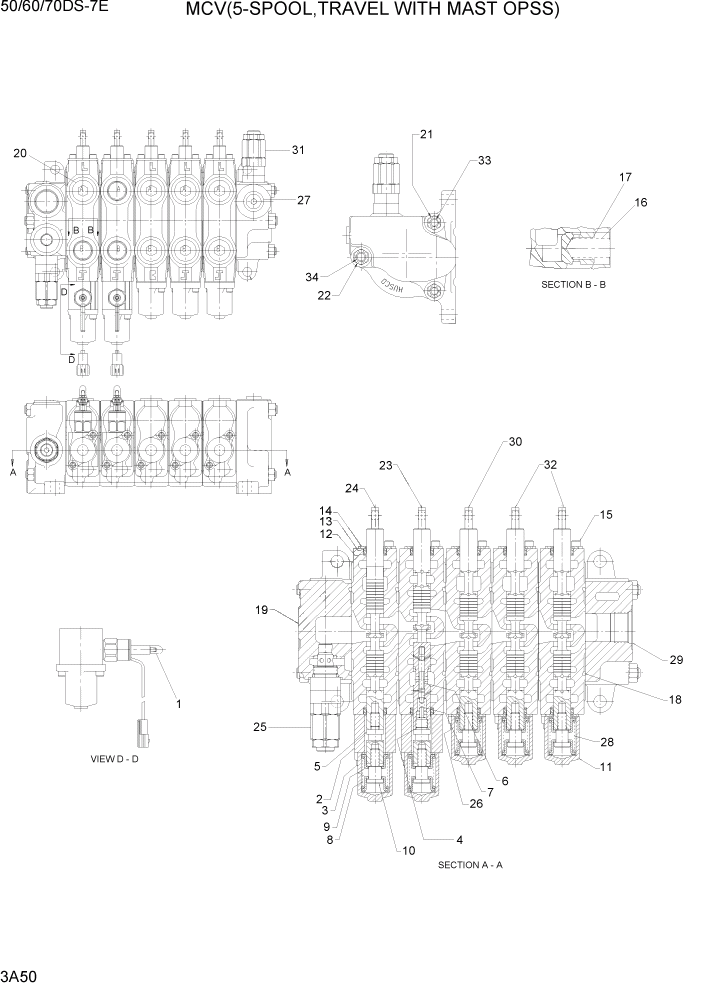 Схема запчастей Hyundai 50/60/70DS-7E - PAGE 3A50 MCV(5-SPOOL, TRAVEL WITH MAST OPSS) ГИДРАВЛИЧЕСКАЯ СИСТЕМА