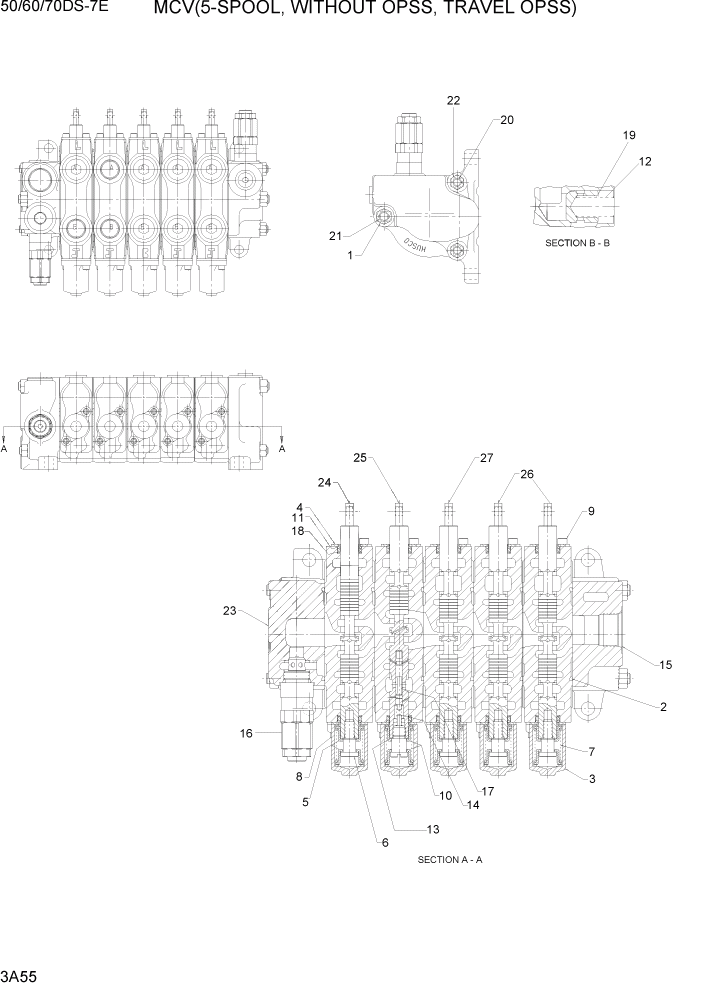 Схема запчастей Hyundai 50/60/70DS-7E - PAGE 3A55 MCV(5-SPOOL, WITHOUT OPSS, TRAVEL OPSS) ГИДРАВЛИЧЕСКАЯ СИСТЕМА