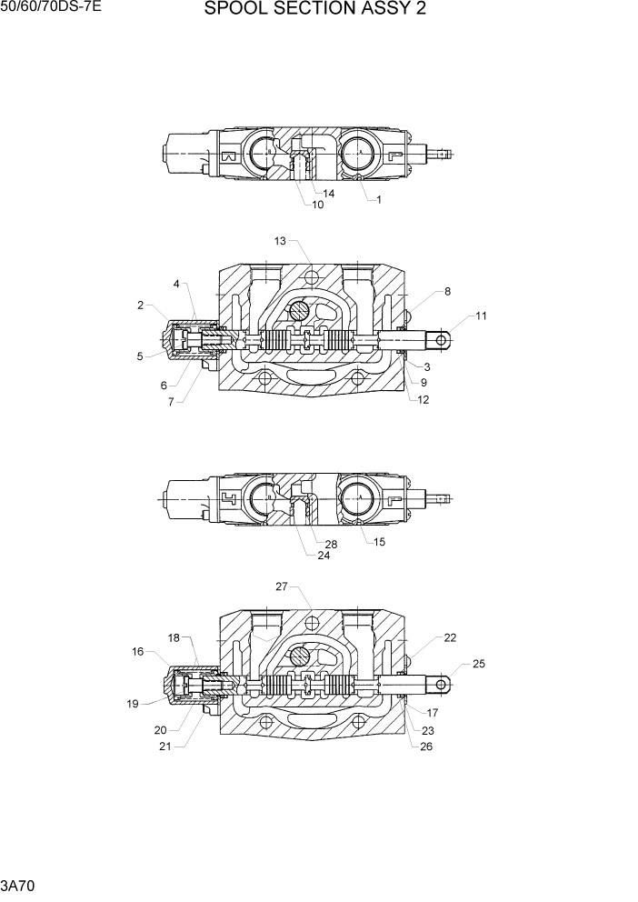 Схема запчастей Hyundai 50/60/70DS-7E - PAGE 3A70 SPOOL SECTION ASSY 2 ГИДРАВЛИЧЕСКАЯ СИСТЕМА