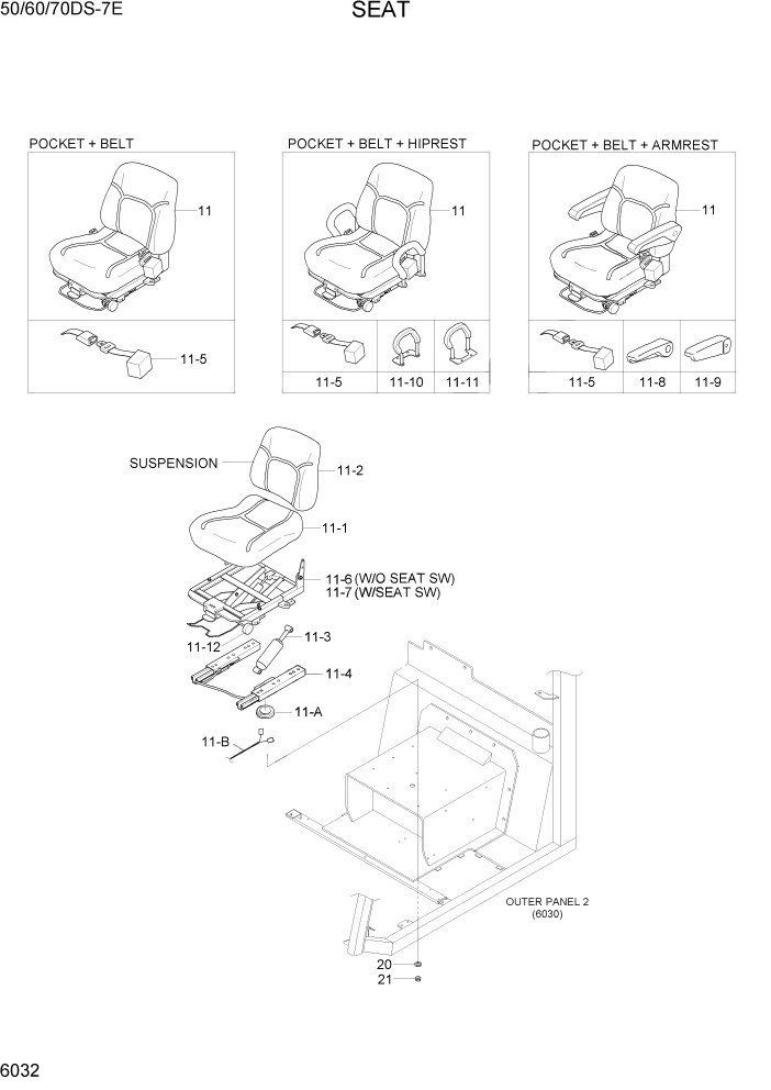 Схема запчастей Hyundai 50/60/70DS-7E - PAGE 6032 SEAT СТРУКТУРА