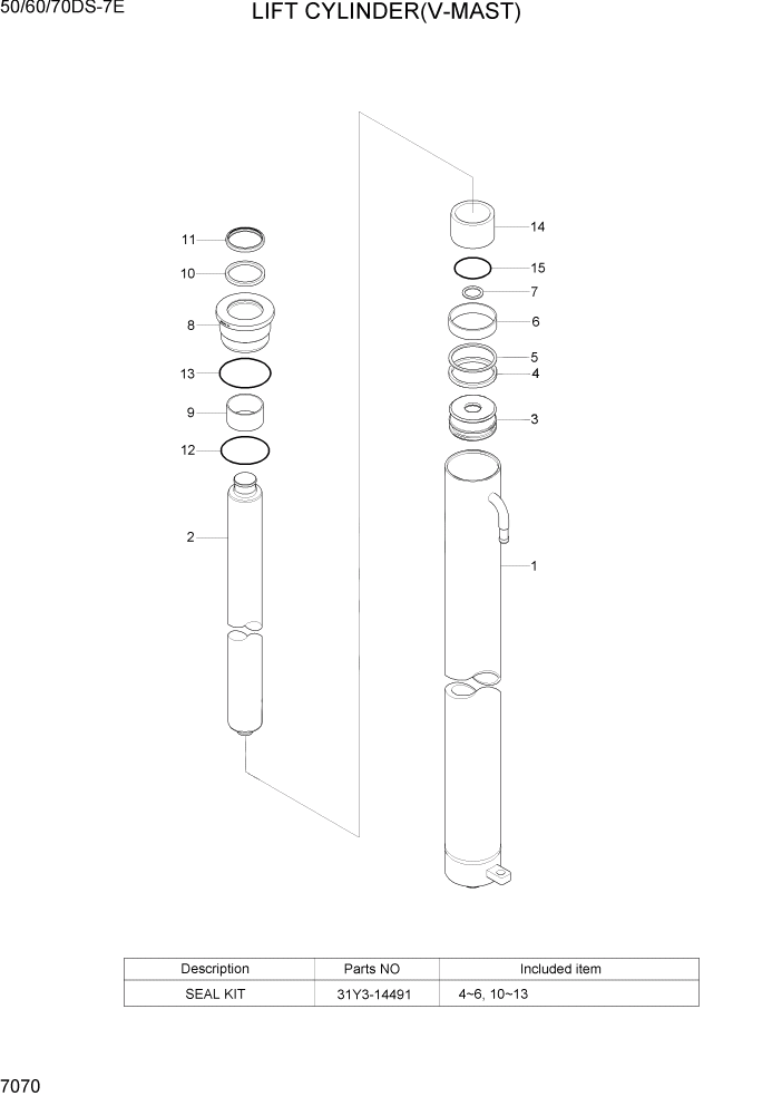 Схема запчастей Hyundai 50/60/70DS-7E - PAGE 7070 LIFT CYLINDER(V-MAST) РАБОЧЕЕ ОБОРУДОВАНИЕ