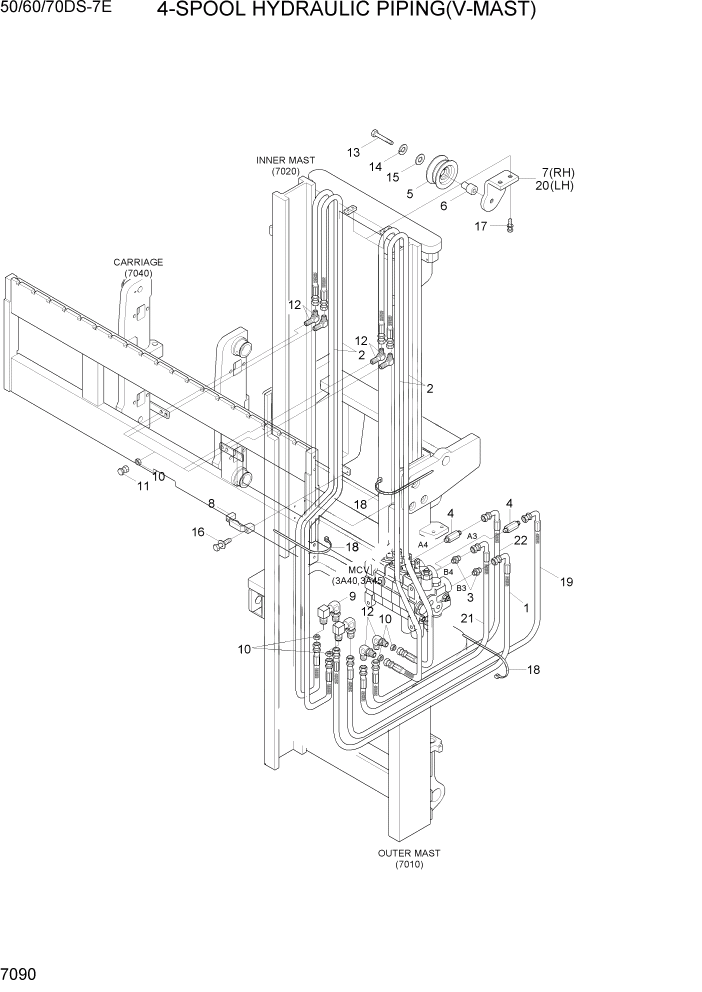 Схема запчастей Hyundai 50/60/70DS-7E - PAGE 7090 4-SPOOL HYDRAULIC PIPING(V-MAST) РАБОЧЕЕ ОБОРУДОВАНИЕ