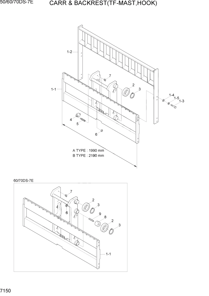 Схема запчастей Hyundai 50/60/70DS-7E - PAGE 7150 CARR & BACKREST(TF-MAST,HOOK) РАБОЧЕЕ ОБОРУДОВАНИЕ